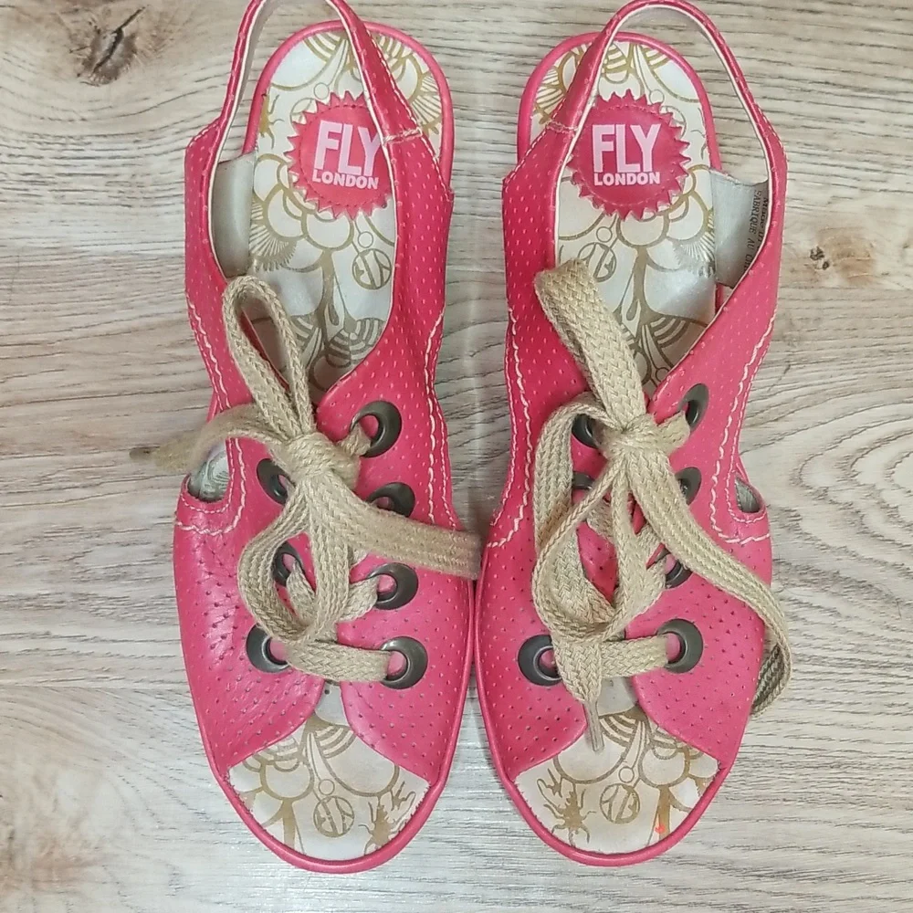 Fly London Luna Wedge Heel Red Open Toe Red Lace Up Sandals - Picture 7 of 14